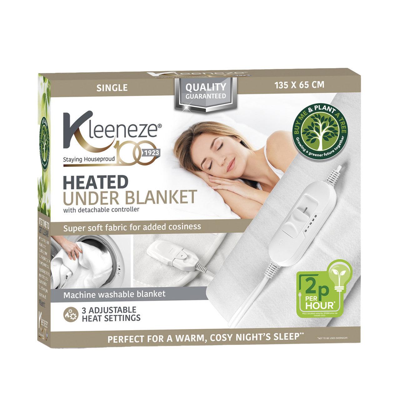 Kleeneze Heated Underblanket – Soft Fabric Electric Blanket For Single Beds, Machine Washable, 3 Heat Settings, Detachable Controller, Tie Down Design, 135 x 65cm Under Bed Cover, 35W