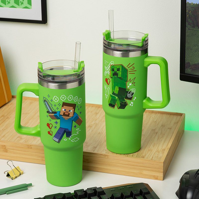 Minecraft Steve & Creeper 900ml / 30 oz Green Insulated Cup and Straw, Officially Licensed Tumbler Travel Cup with Handle for Iced Tea or Coffee, Gaming Merchandise