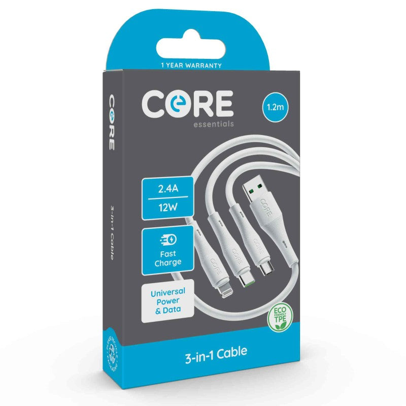 3-in-1 Charging Cable - 1.2m, White, Fast Charge