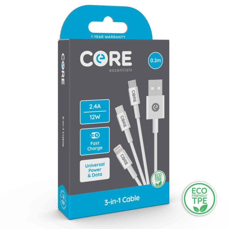 3-in-1 Short Charging Cable - 20cm, White