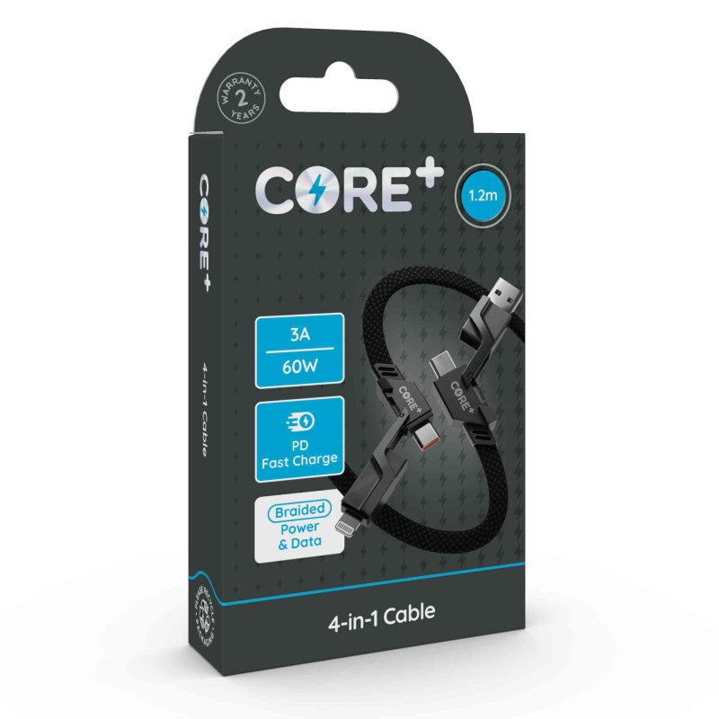 Premium 4-in-1 Universal Cable - 1.2m, Woven Black, 60W Power Delivery (PD)