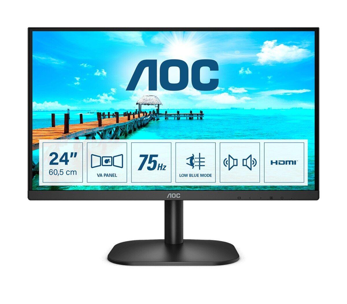 AOC 23.8" Monitor, Full HD, Widescreen, DVI, VGA, HDMI, 4ms, 75Hz, inc Speakers, Frameless, VESA