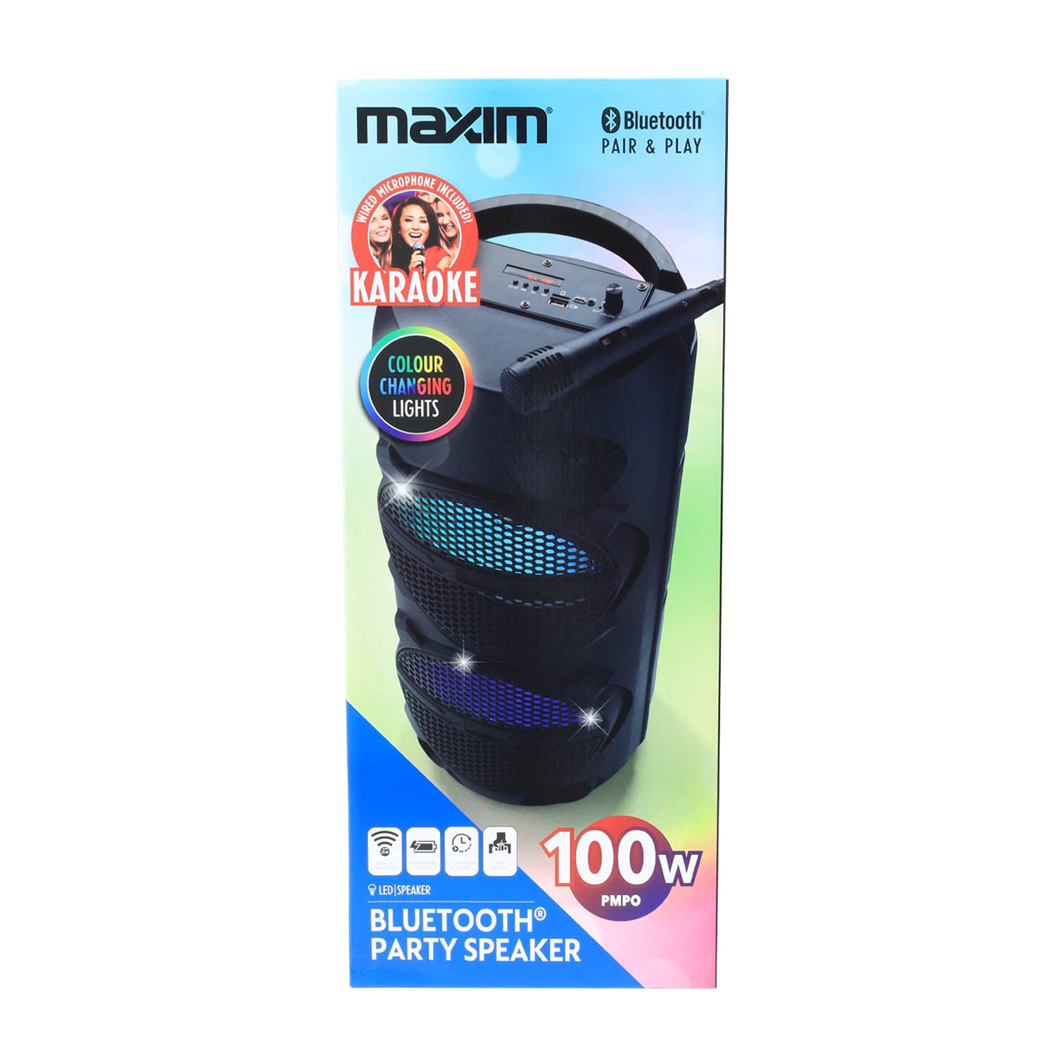 Maxim Portable Karaoke Speaker Party LED Lights & Bluetooth Wireless 100W
