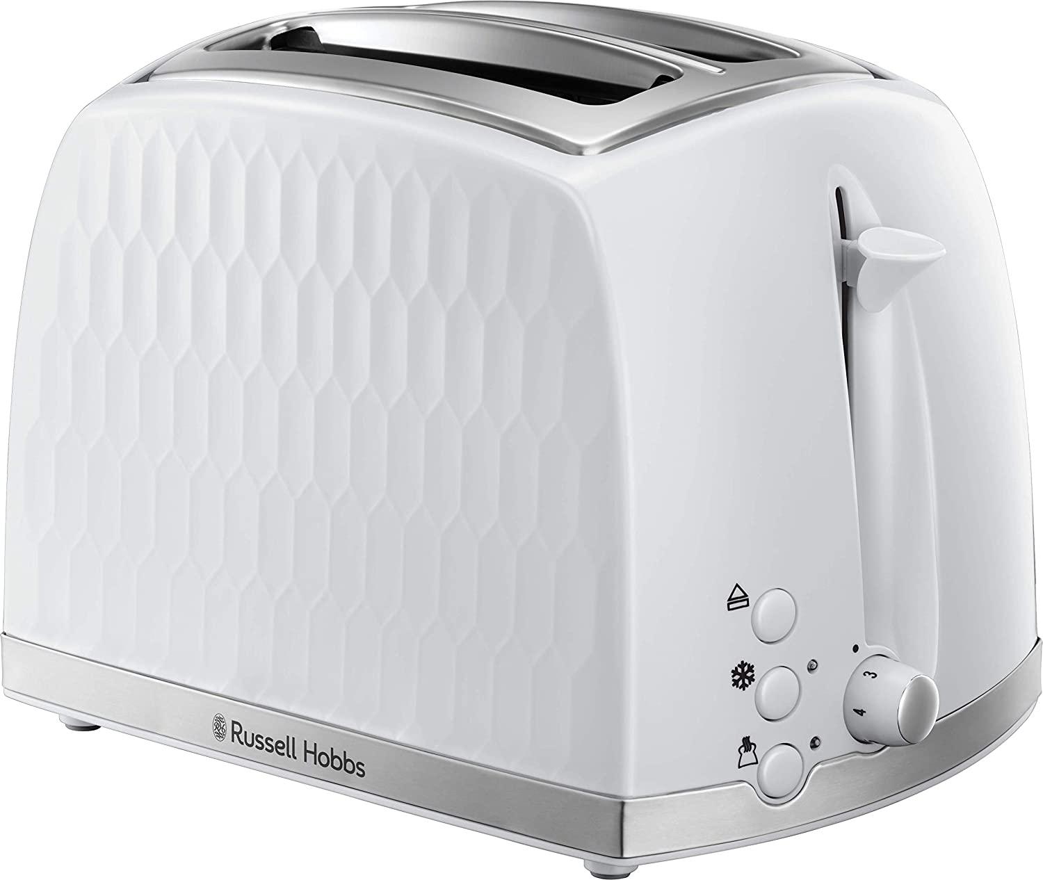 Russell Hobbs 2 Slice Toaster - Contemporary Honeycomb Design with Extra Wide Slots and High Lift Feature White
