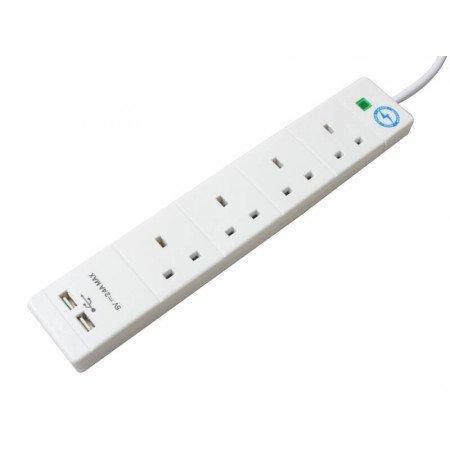 SMJ Extension Lead 2 Metre 4 Sockets 2 USB Charging Points Power Surge Indicator White - Gadget Station