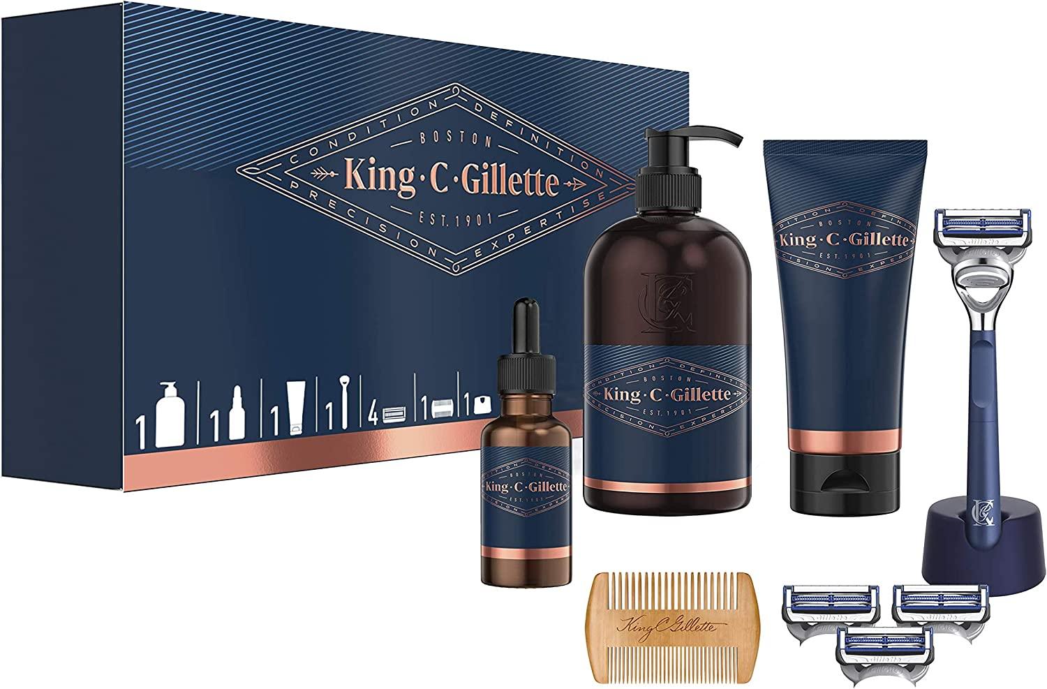 King C. Gillette Range Beard Grooming Kit for Men, Neck Razor + 3 blades + Shave Gel + Beard And Face Wash + Beard Oil + Beard Comb + Razor Stand, Gifts For Men