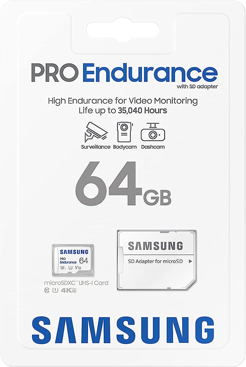 Samsung PRO Endurance 64GB 4K Ready MicroSDXC Memory Card UHS-I U1 with SD Adapter 64GB Samsung MB-MJ64KA/EU Pro Endurance MicroSDXC Memory Card, Class U1/V10, 100MB/s Read, Adapter Included, for Nintendo Switch, Drone, GoPro ..