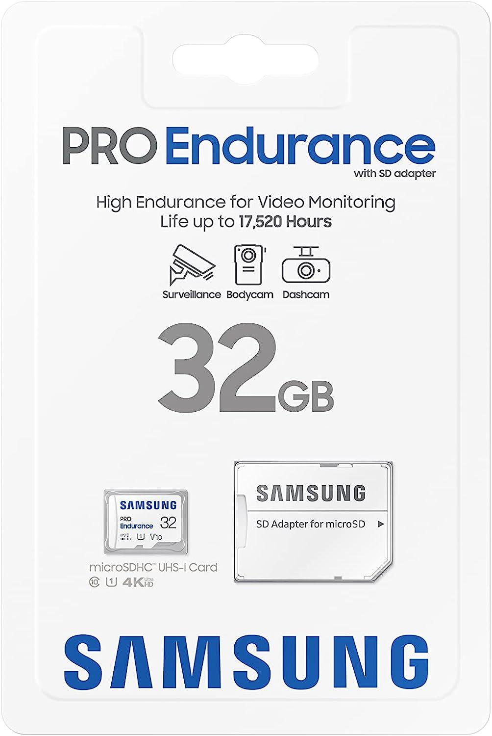 Samsung PRO Endurance 32GB 4K Ready MicroSDHC Memory Card UHS-I U1 with SD Adapter 32GB Samsung MB-MJ32KA/EU Pro Endurance MicroSDXC Memory Card, Class U1/V10, 100MB/s Read, Adapter Included, for Nintendo Switch, Drone, GoPro ..