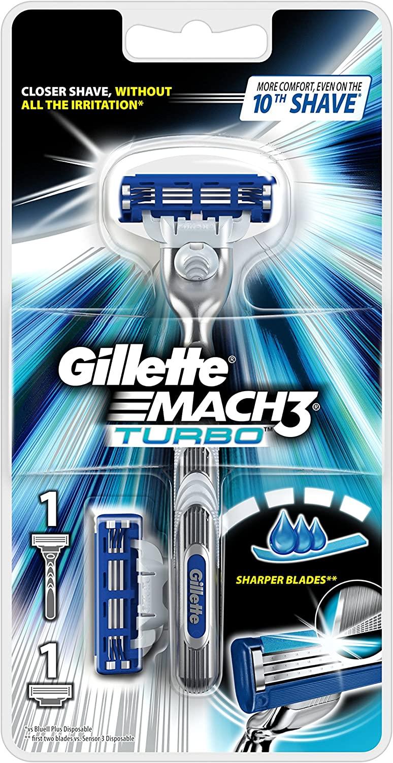 Gillette Mach3 Turbo Razor + 1 Blade For Men, With Sharper, Turbo Cutting Blades