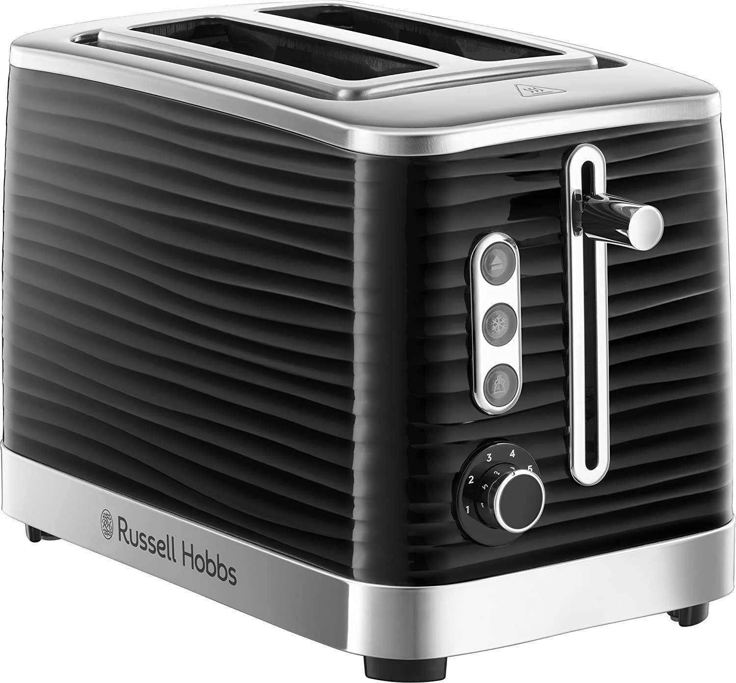 Russell Hobbs Black Inspire 2 Slice Toaster, Wide Slot with Frozen, Cancel and Reheat Settings, High Gloss Chrome Accents, 1050 W