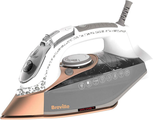 Breville DiamondXpress Steam Iron | 3100 W | 200G Steam Shot | Multi-Directional Diamond Ceramic Soleplate | 400 ml Water Tank | White & Rose Gold