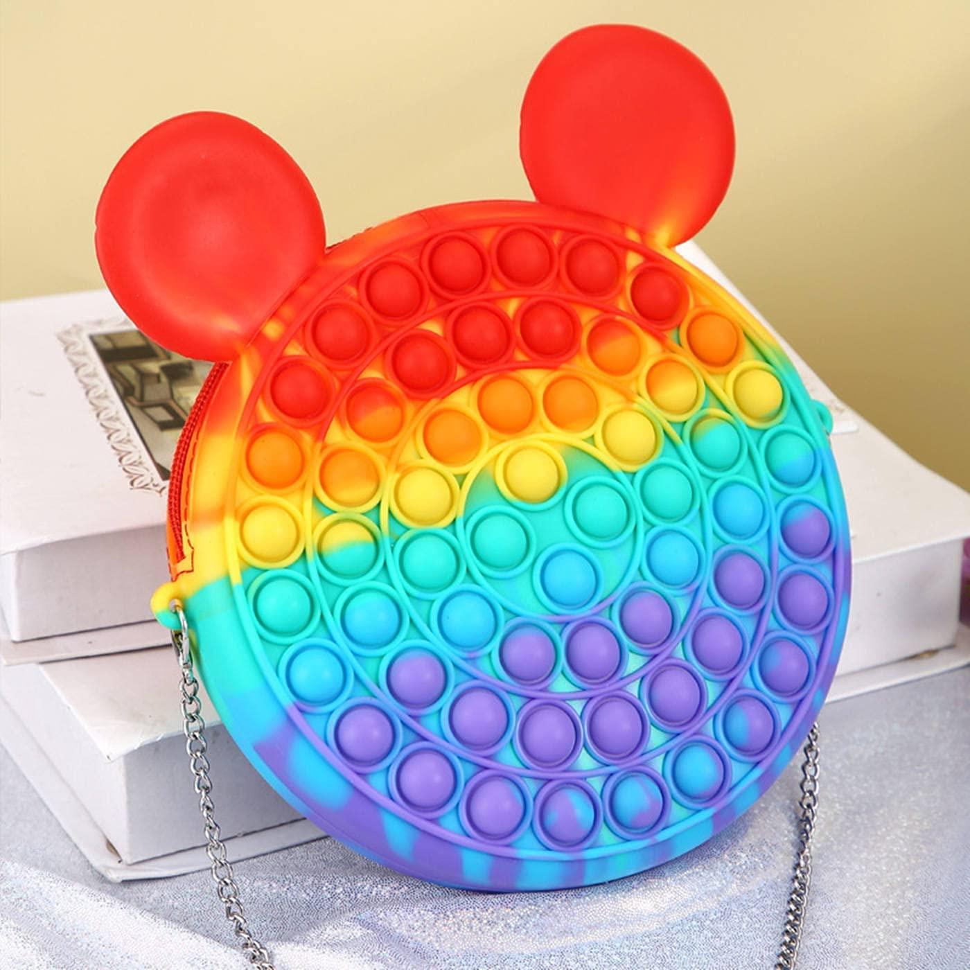 Rainbow Mickey Push Pop Fidget Toy Pendant Bag,Pop it Fidget Toy Shoulder Bag For Adult Kids| Fidget Purse Push Bubble Fidget Toy Handbags| Push Bubble Sensory Toy, Anti Stress Silicone Squishy Toys