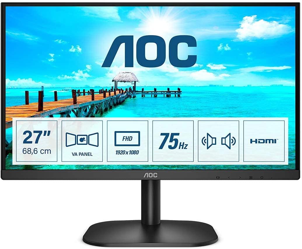 AOC 27 inch FHD Widescreen Monitor, 75Hz, 4ms, VA Frameless Design, LowBlue Mode, Flicker free, Speakers (1920 x 1080 @ 75Hz, HDMI 1.4 x 1, VGA)