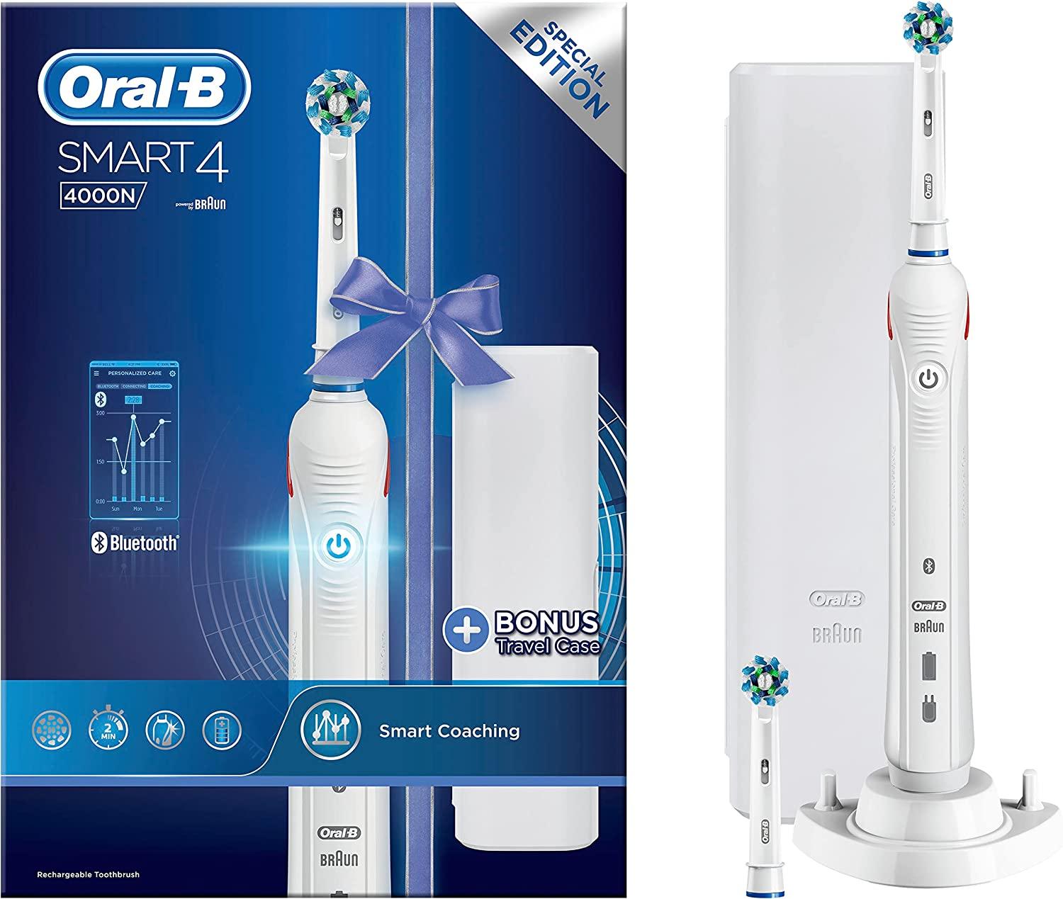 Oral-B Smart 4 Electric Toothbrush with Smart Pressure Sensor, App Connected Handle, 2 Toothbrush Heads & Travel Case, 3 Modes with Teeth Whitening, Gifts for Men/Women, 2 Pin UK Plug, White