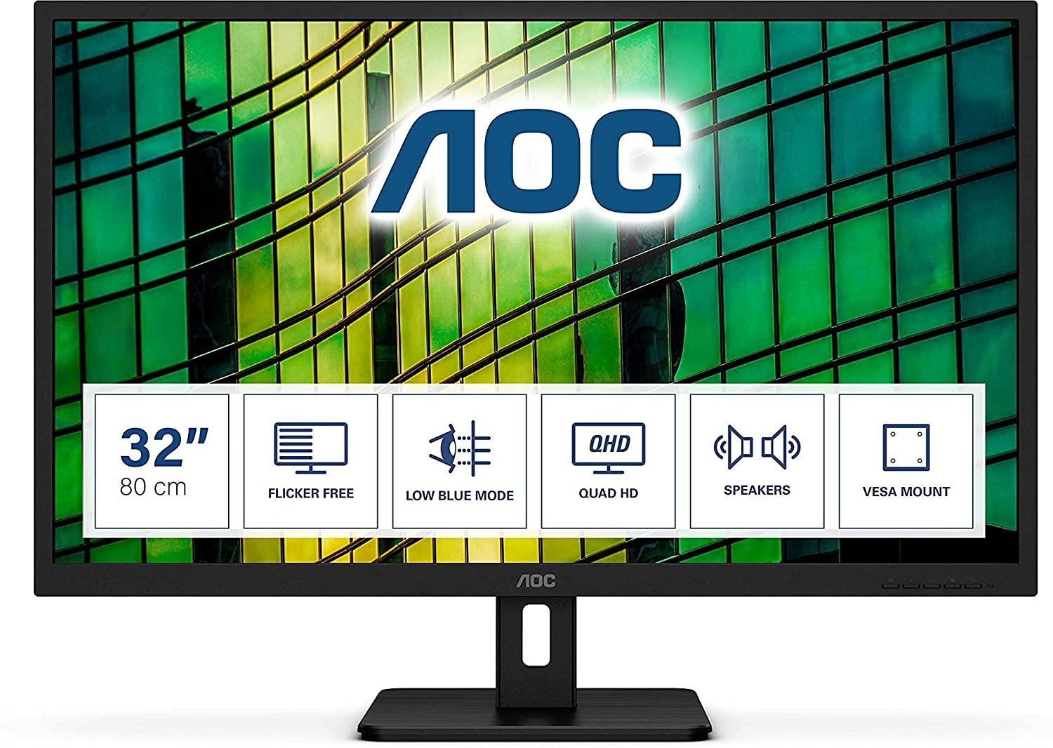 AOC 32 Inch QHD Monitor, 75Hz, 4ms, IPS, Speakers, FlickerFree, LowBlue Light (2560x1440 @ 75Hz, 250cd/m², HDMI/DP)