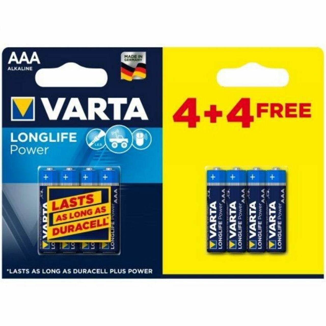 Varta Longlife Batteries AAA, Pack of 8 (4 + 4) Long Lasting Power