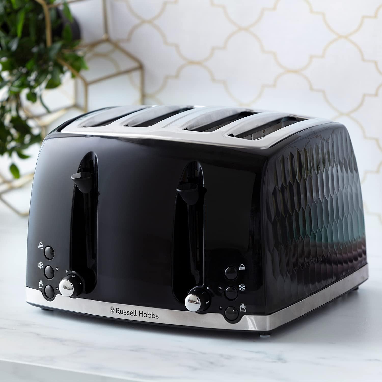 Russell Hobbs 4 Slice Toaster - Contemporary Honeycomb Design with Extra Wide Slots and High Lift Feature, Black