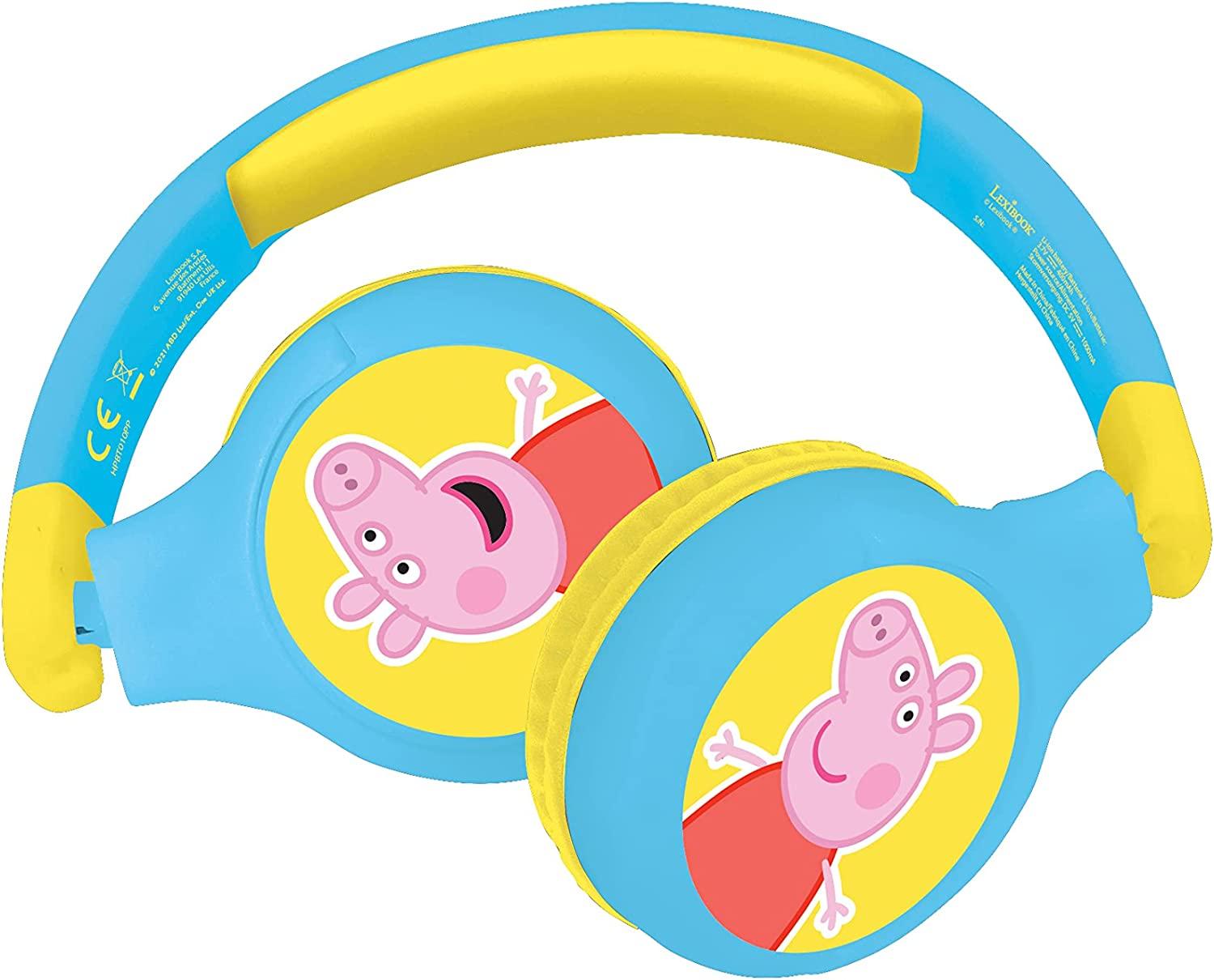 LEXIBOOK Peppa Pig 2-in-1 Bluetooth Headphones Stereo Wireless Wired, Kids Safe, Foldable, Adjustable, Yellow/Blue