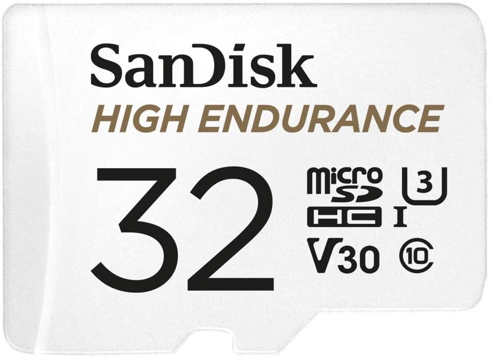 SanDisk HIGH ENDURANCE Video Monitoring for Dashcams & Home Monitoring 32 GB microSDHC Memory Card + SD Adaptor, Up to 100 MB/s read and 40 MB/s Write, Class 10, U3, V30, White