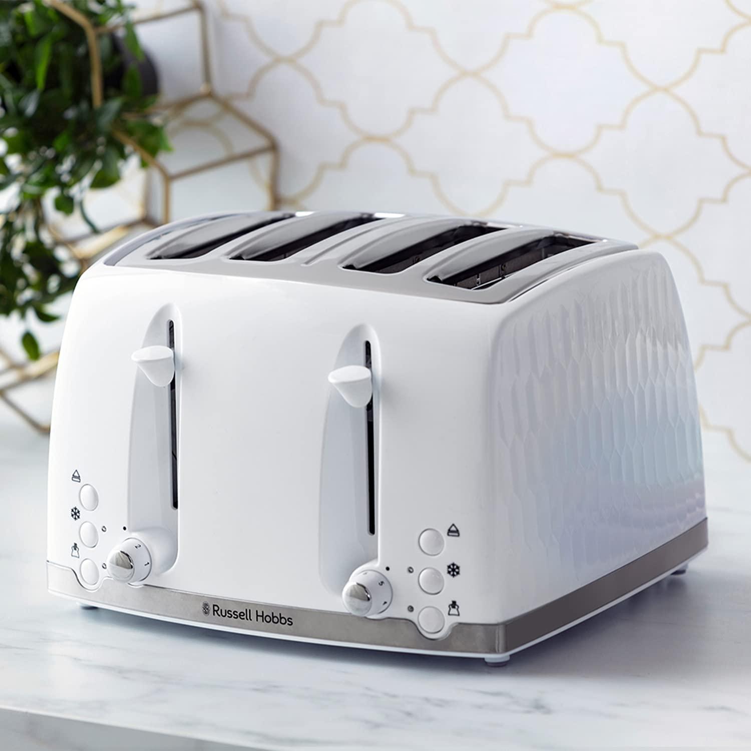 Russell Hobbs 4 Slice Toaster - Contemporary Honeycomb Design with Extra Wide Slots and High Lift Feature, White