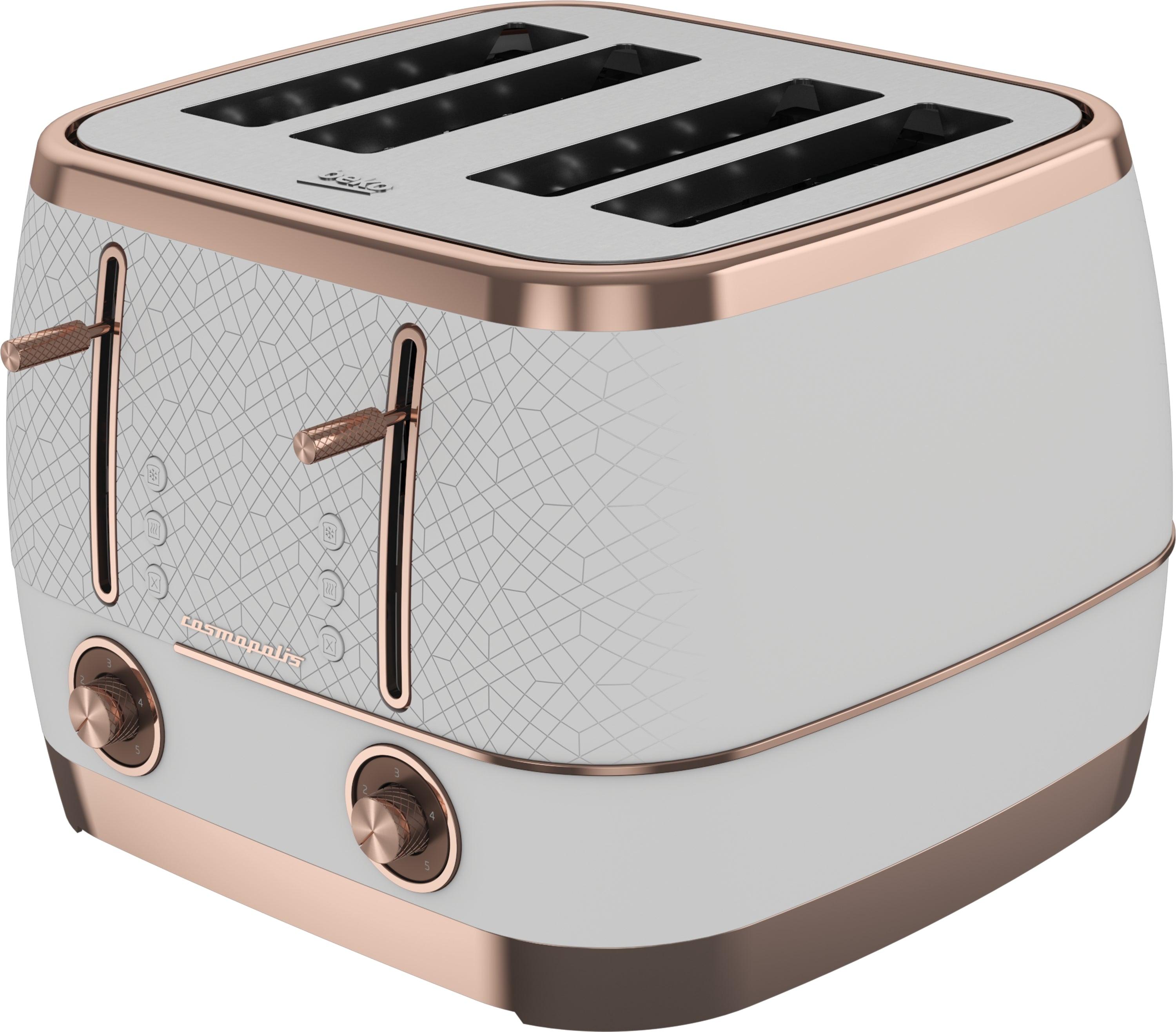 Beko Cosmopolis Toaster Retro White Rose Gold Design, Extra Wide Slot 4-Slice Toaster, Includes Defrost, Reheat & Cancel Functions