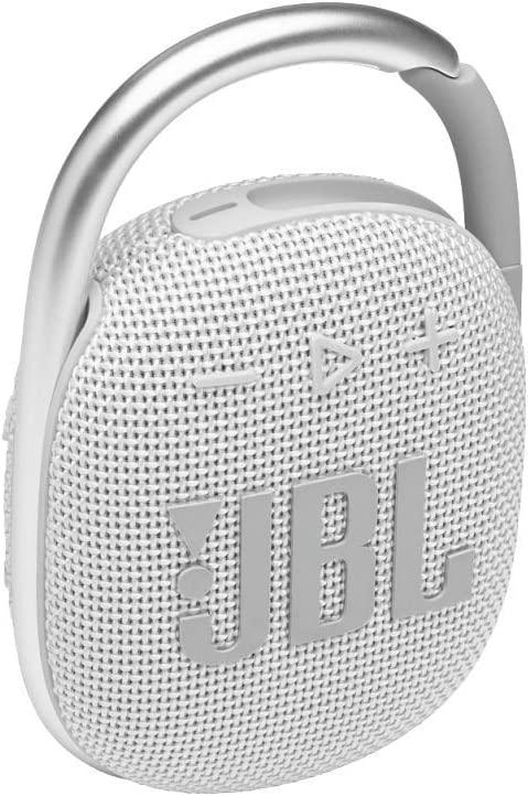 JBL Clip 4 Bluetooth portable speaker with integrated carabiner, waterproof and dustproof, White