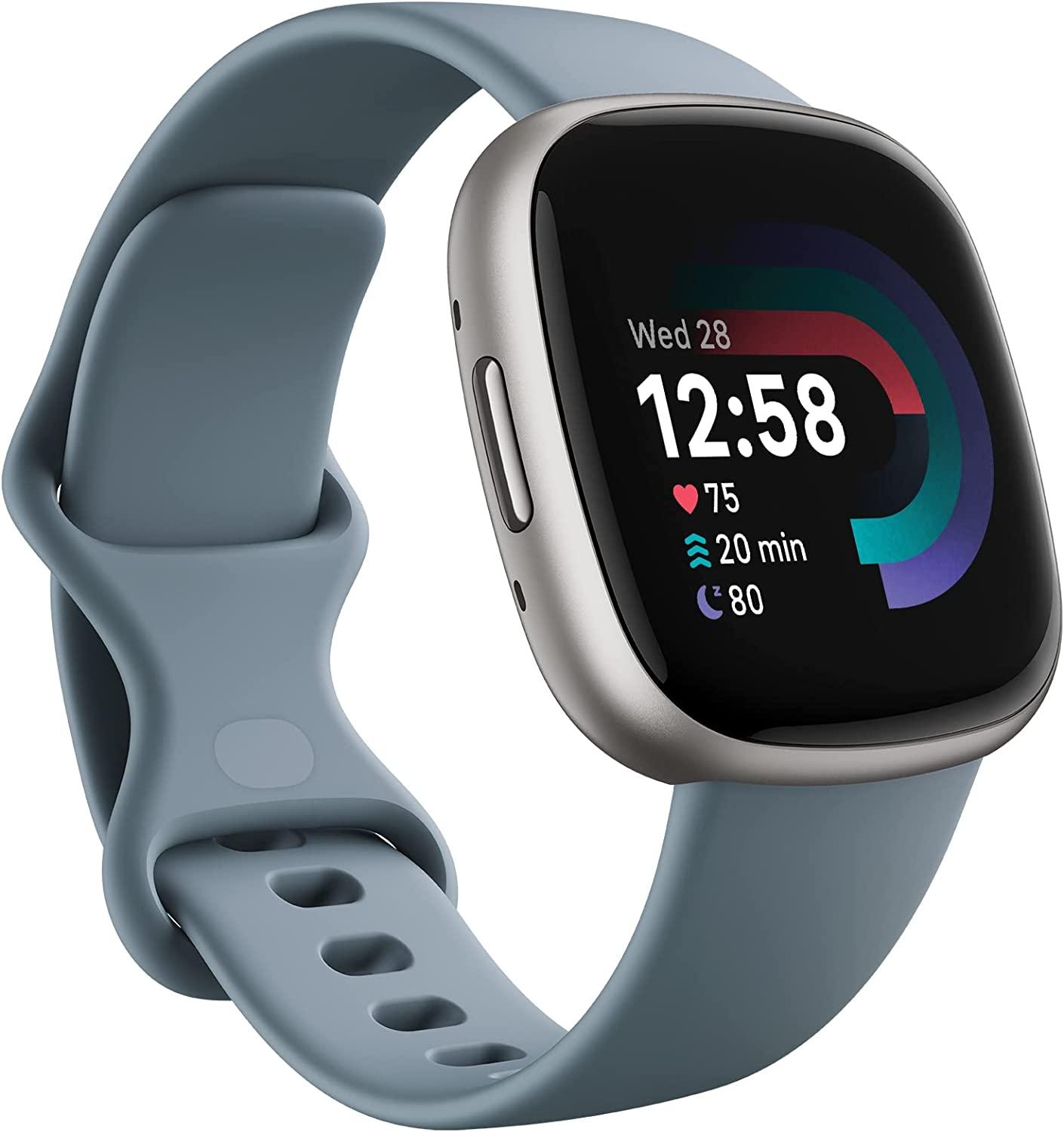 Fitbit Versa 4 Fitness Smartwatch Waterfall Blue/Platinum with built-in GPS and up to 6 days battery life - compatible with Android and iOS