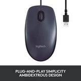 Logitech B100 Wired USB Mouse, 3-Buttons, 1000dpi and Optical Tracking, Ambidextrous Design for PC, Mac and Laptop, Black