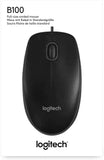 Logitech B100 Wired USB Mouse, 3-Buttons, 1000dpi and Optical Tracking, Ambidextrous Design for PC, Mac and Laptop, Black