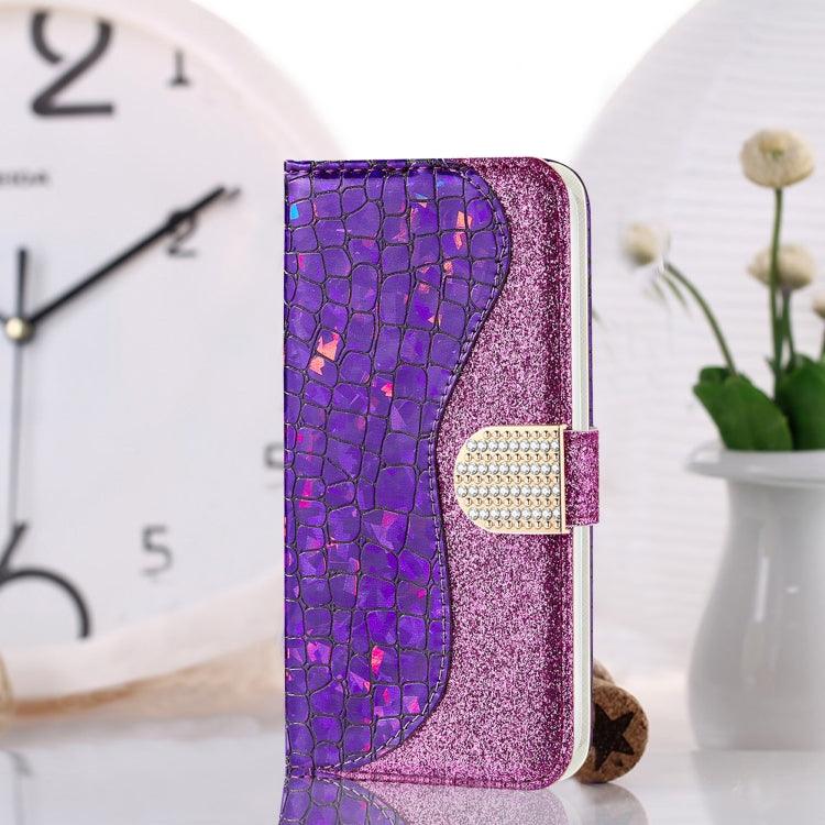 Samsung Galaxy A42 Laser Glitter Powder Matching Crocodile Texture Horizontal Flip Leather Case Cover with Card Slots & Holder (Purple)