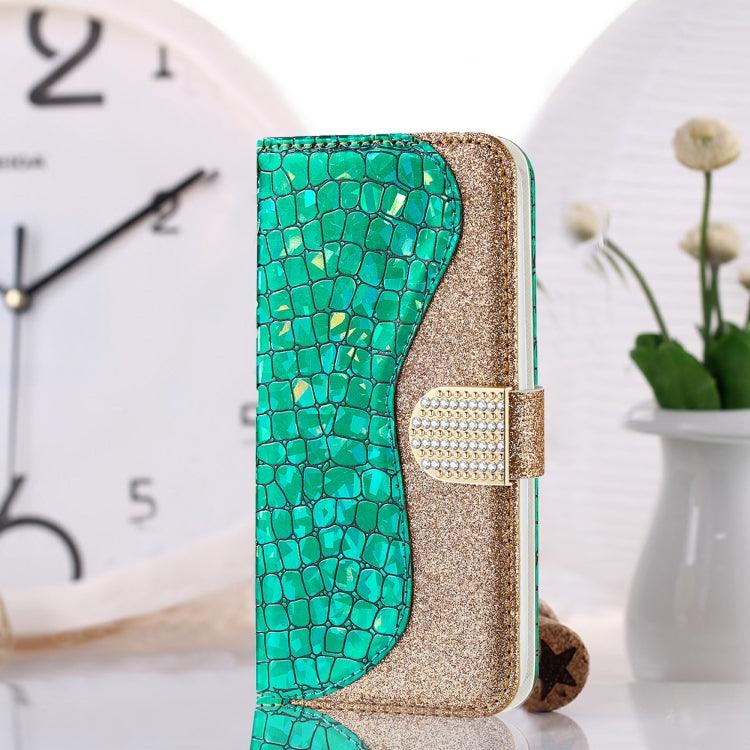 Samsung Galaxy A42 Laser Glitter Powder Matching Crocodile Texture Horizontal Flip Leather Case Cover with Card Slots & Holder (Green)