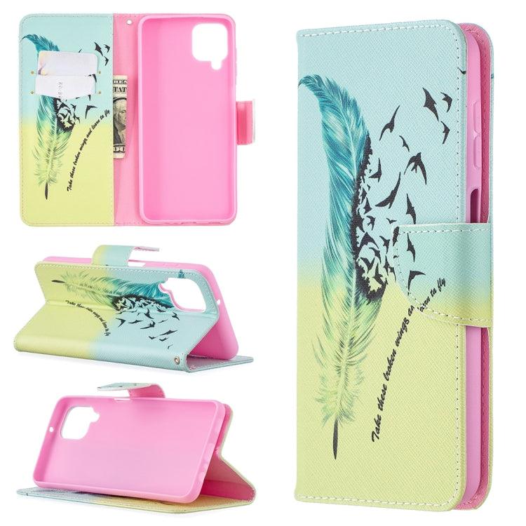 Samsung Galaxy A12 Pattern Horizontal Flip Leather Case Cover with Holder & Card Slots & Wallet (Feather)