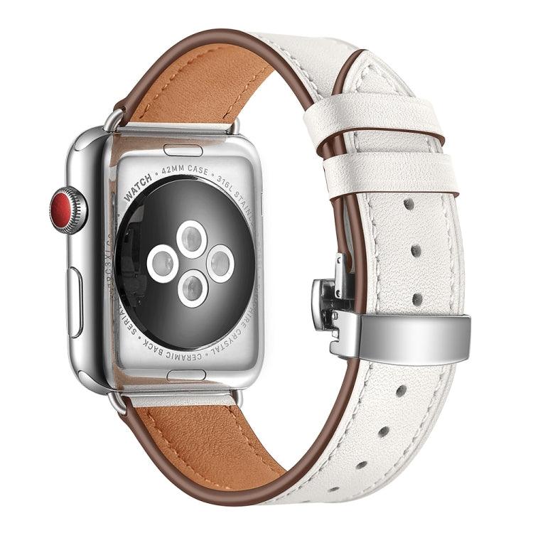 Genuine Leather + Butterfly Silver Buckle Watch Band Strap For Apple Watch Series 9, 8, 7, 6, SE, 41mm, 40MM, 38mmm (White)