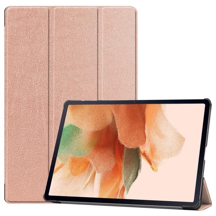 Samsung Galaxy Tab S7 Lite T730 / T735 / Tab S7 FE T736 Custer Texture Horizontal Flip Leather Case Cover with Three-folding Holder & Sleep / Wake-up Function (Rose Gold)