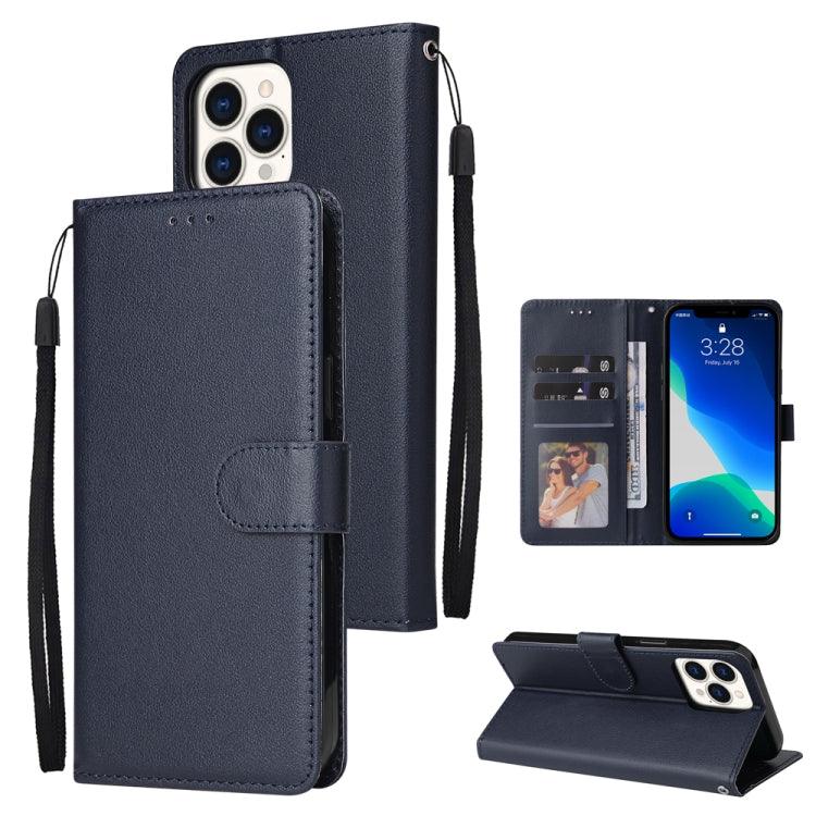 Apple iPhone 13 Multifunctional Horizontal Flip Leather Case Cover, with Three Card Slot & Holder & Photo Frame & Lanyard (Navy)