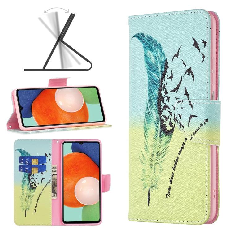 Samsung Galaxy A13 4G Colored Drawing Pattern Leather Phone Case Cover (Feather)