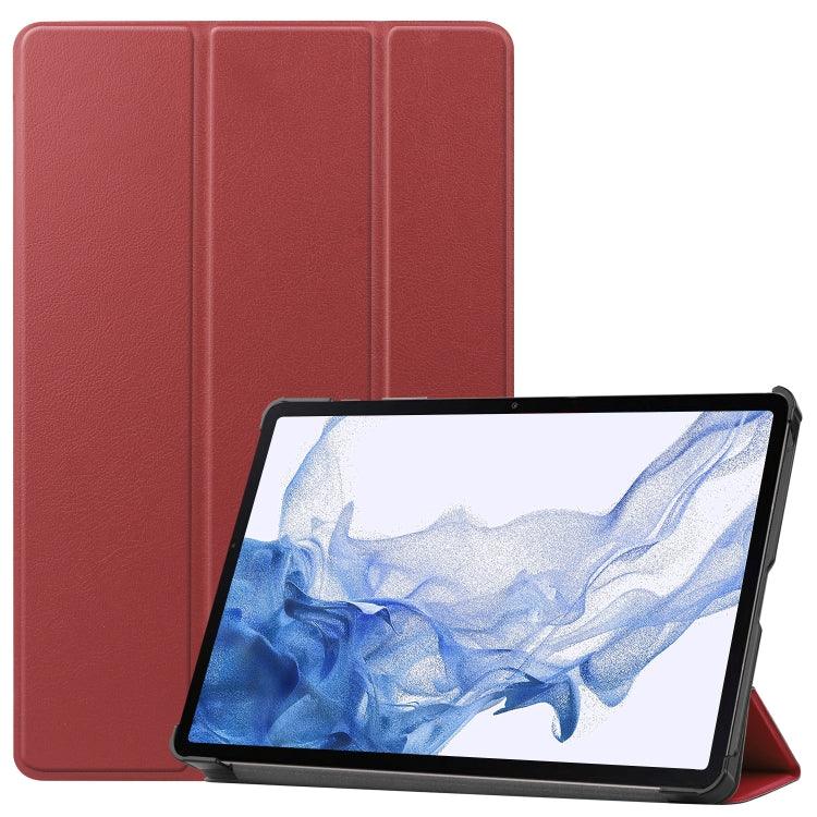 Samsung Galaxy Tab S8 Three-folding Holder Custer Texture Leather Tablet Case Cover (Wine Red)