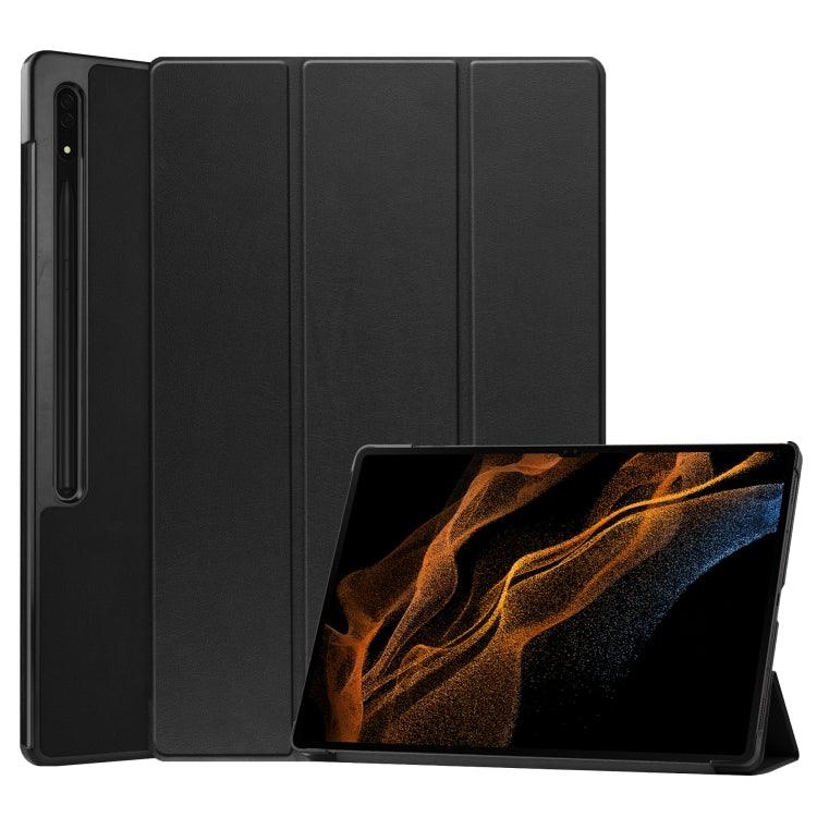 Samsung Galaxy Tab S8 Ultra Three-folding Holder Custer Texture Leather Tablet Case Cover (Black)