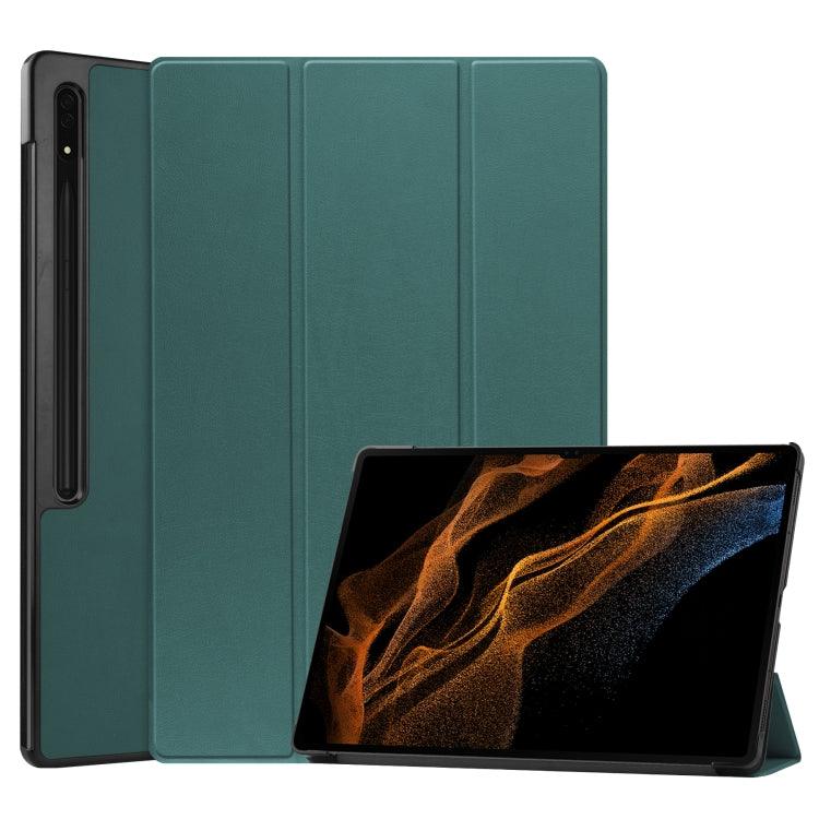 Samsung Galaxy Tab S8 Ultra Three-folding Holder Custer Texture Leather Tablet Case Cover (Green)