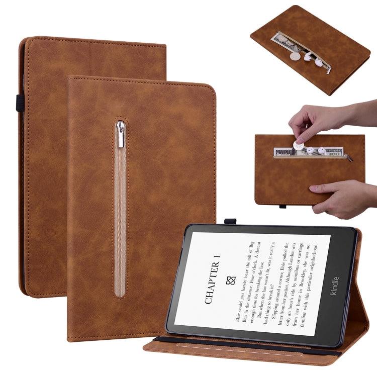 Amazon Kindle Paperwhite 5 2021 Skin Feel Solid Color Zipper Smart Leather Tablet Case (Brown)