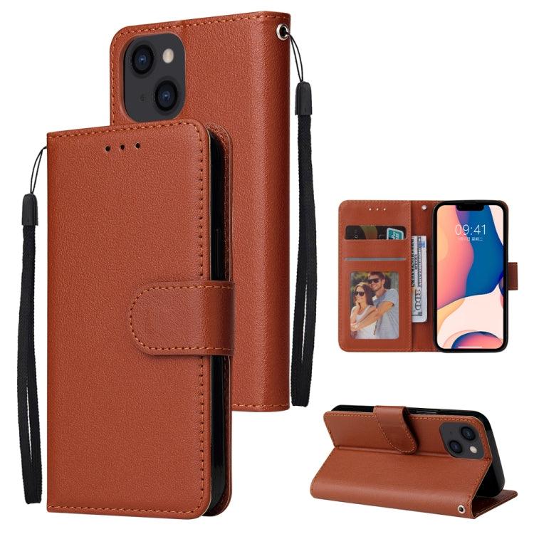 Apple iPhone 14 Multifunctional Horizontal Flip Leather Case Cover with Three Card Slot  (Brown)