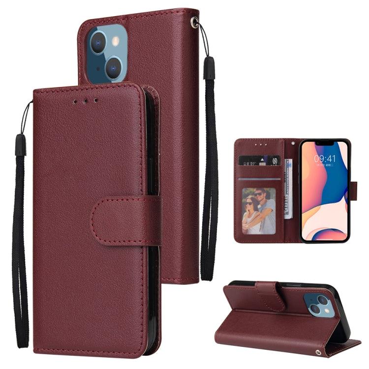 Apple iPhone 14 Plus Multifunctional Horizontal Flip Leather Case Cover with Three Card Slot  (Red Wine)