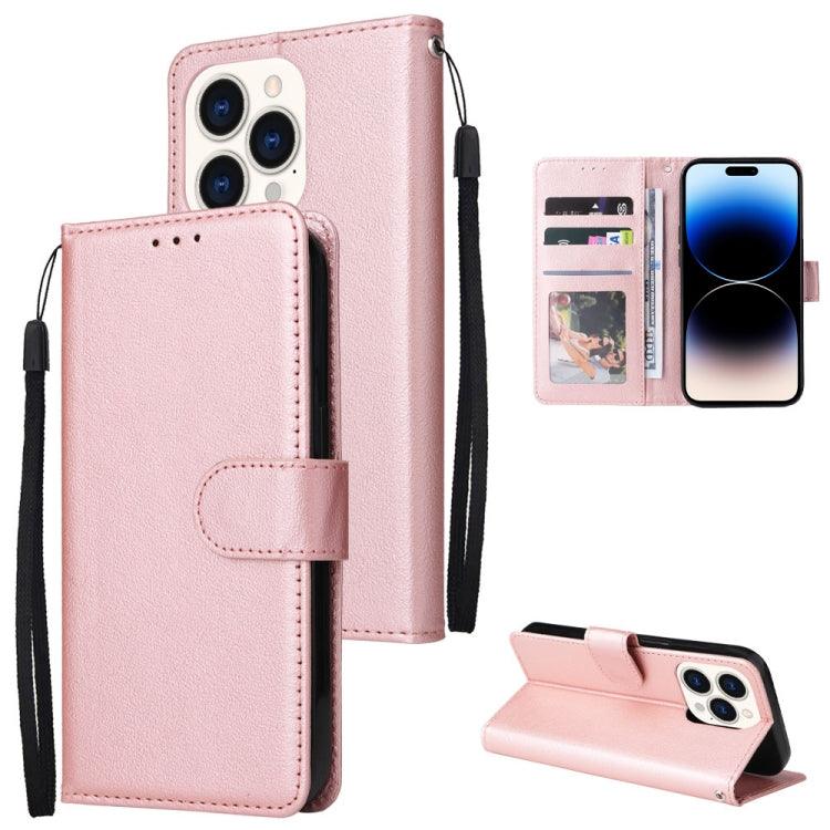 Apple iPhone 14 Pro Multifunctional Horizontal Flip Leather Case Cover with Three Card Slot (Rose Gold)