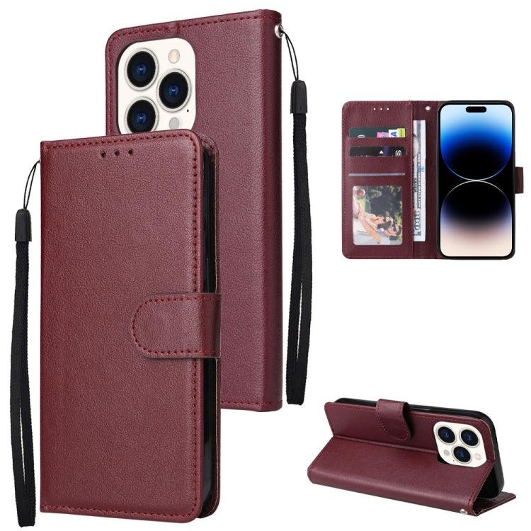 Apple iPhone 14 Pro Multifunctional Horizontal Flip Leather Case Cover with Three Card Slot (Red Wine)