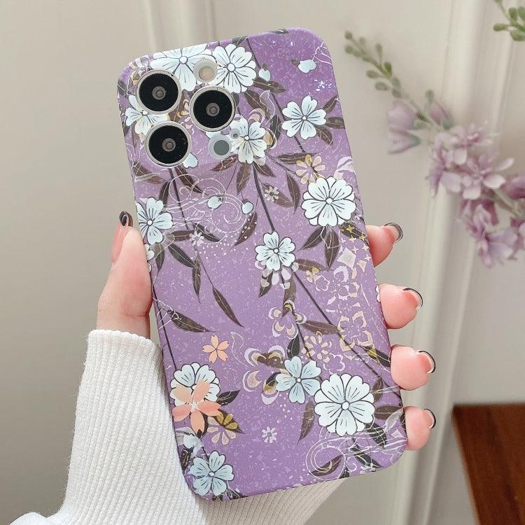 Apple iPhone 13 Pro Max Water Sticker Flower Pattern PC Phone Case Cover (Purple Backgroud White Flower)