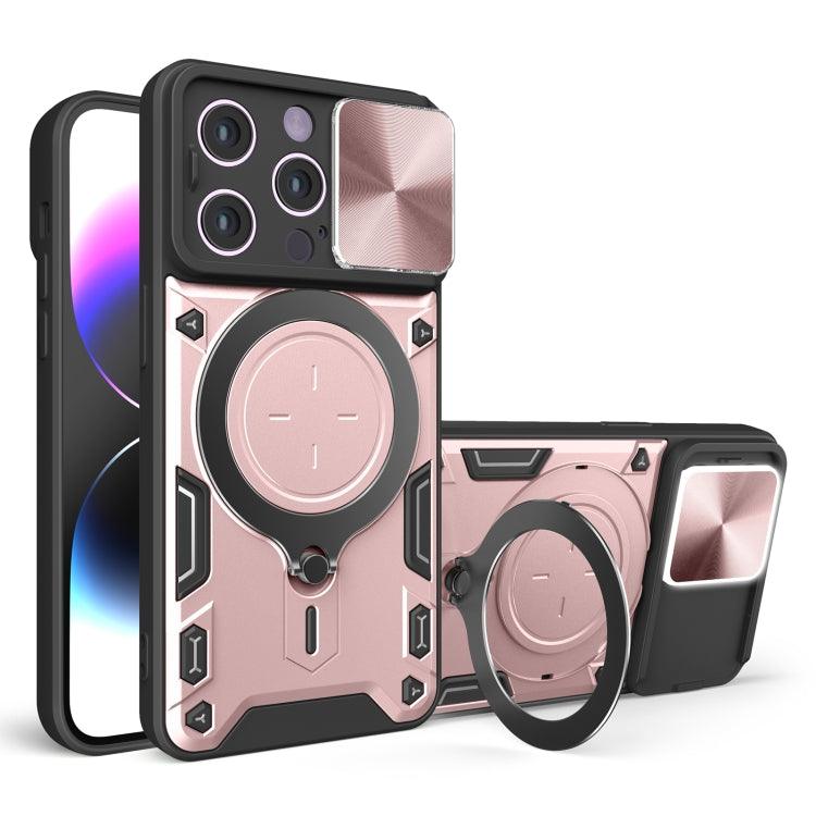 Apple iPhone 14 Pro CD Texture Sliding Camshield Magnetic Holder Phone Case Cover (Pink)