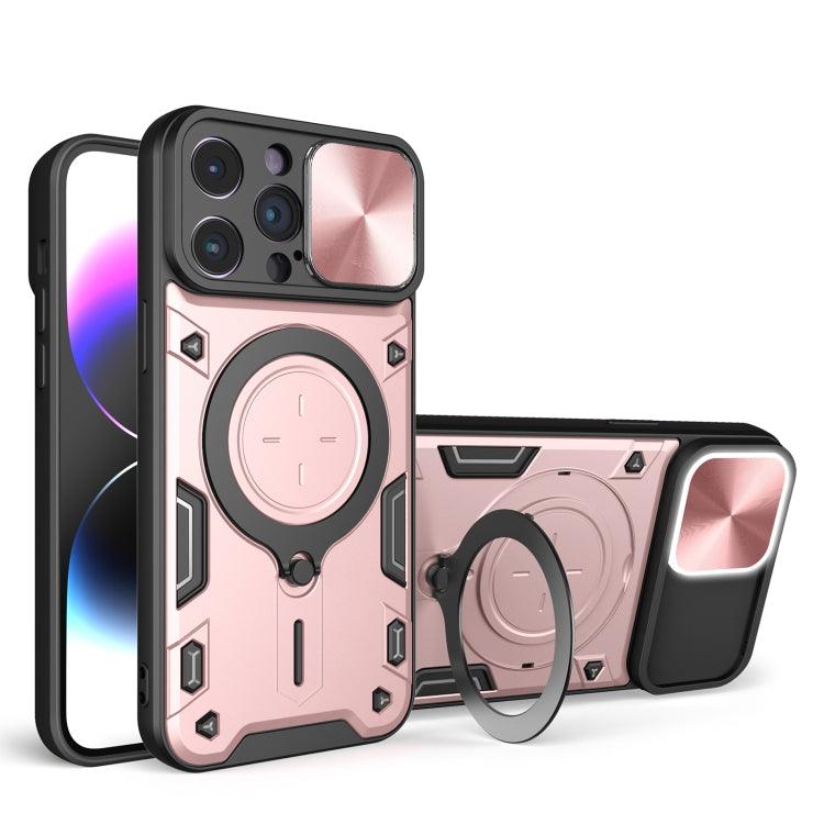 Apple iPhone 14 Pro Max CD Texture Sliding Camshield Magnetic Holder Phone Case Cover (Pink)