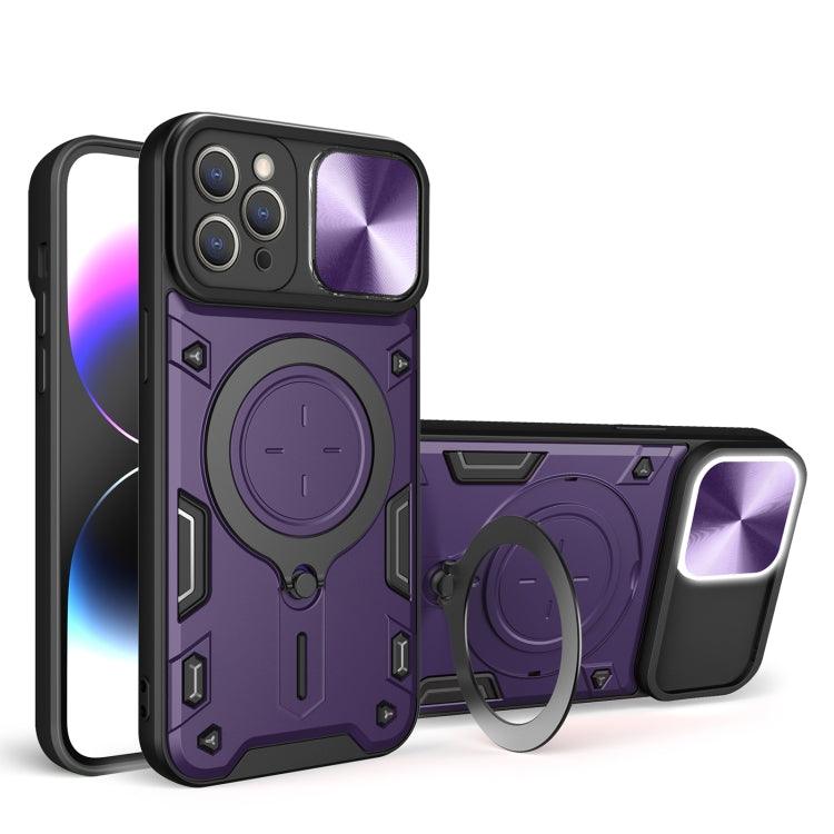 Apple iPhone 13 CD Texture Sliding Camshield Magnetic Holder Phone Case Cover (Purple)