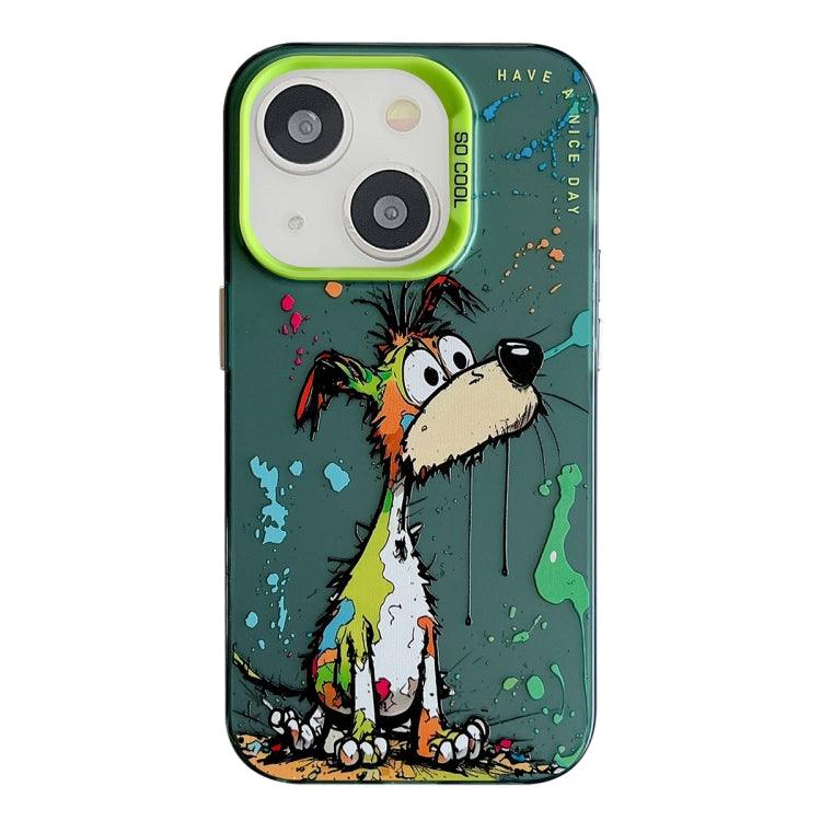 Apple iPhone 14 Animal Pattern Oil Painting Series PC + TPU Phone Case Cover (Green Dog)