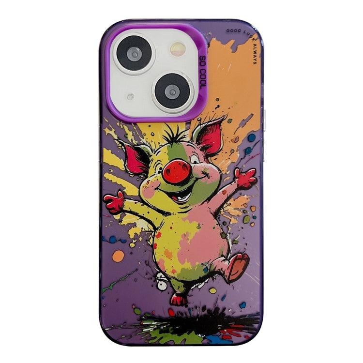 Apple iPhone 14 Animal Pattern Oil Painting Series PC + TPU Phone Case Cover (Happy Pig)